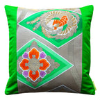 Green antique Obi silk fabric cushion with velvet back, 18-inch square, by Hunted and Stuffed, vintage style, textured