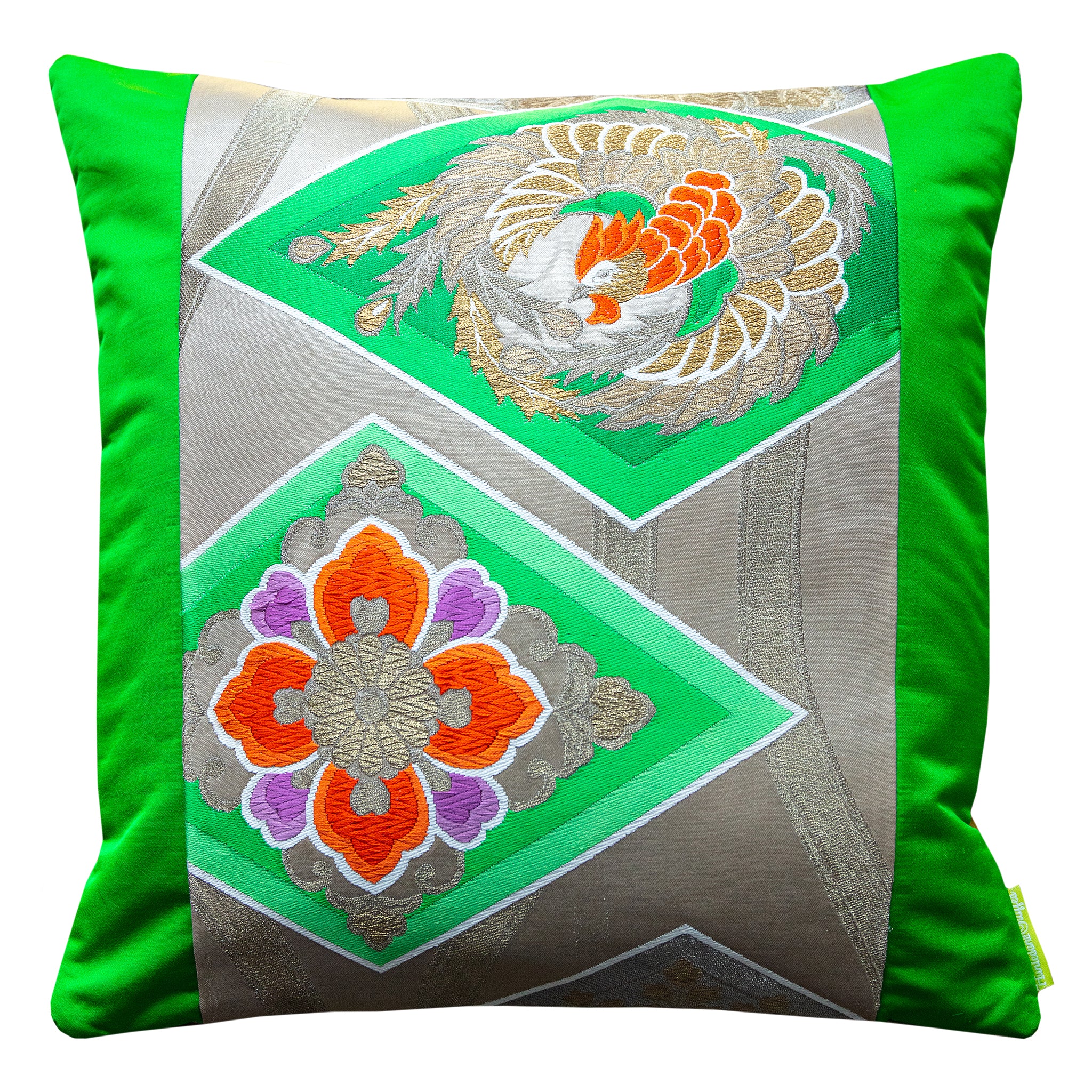 Green antique Obi silk fabric cushion with velvet back, 18-inch square, by Hunted and Stuffed, vintage style, textured