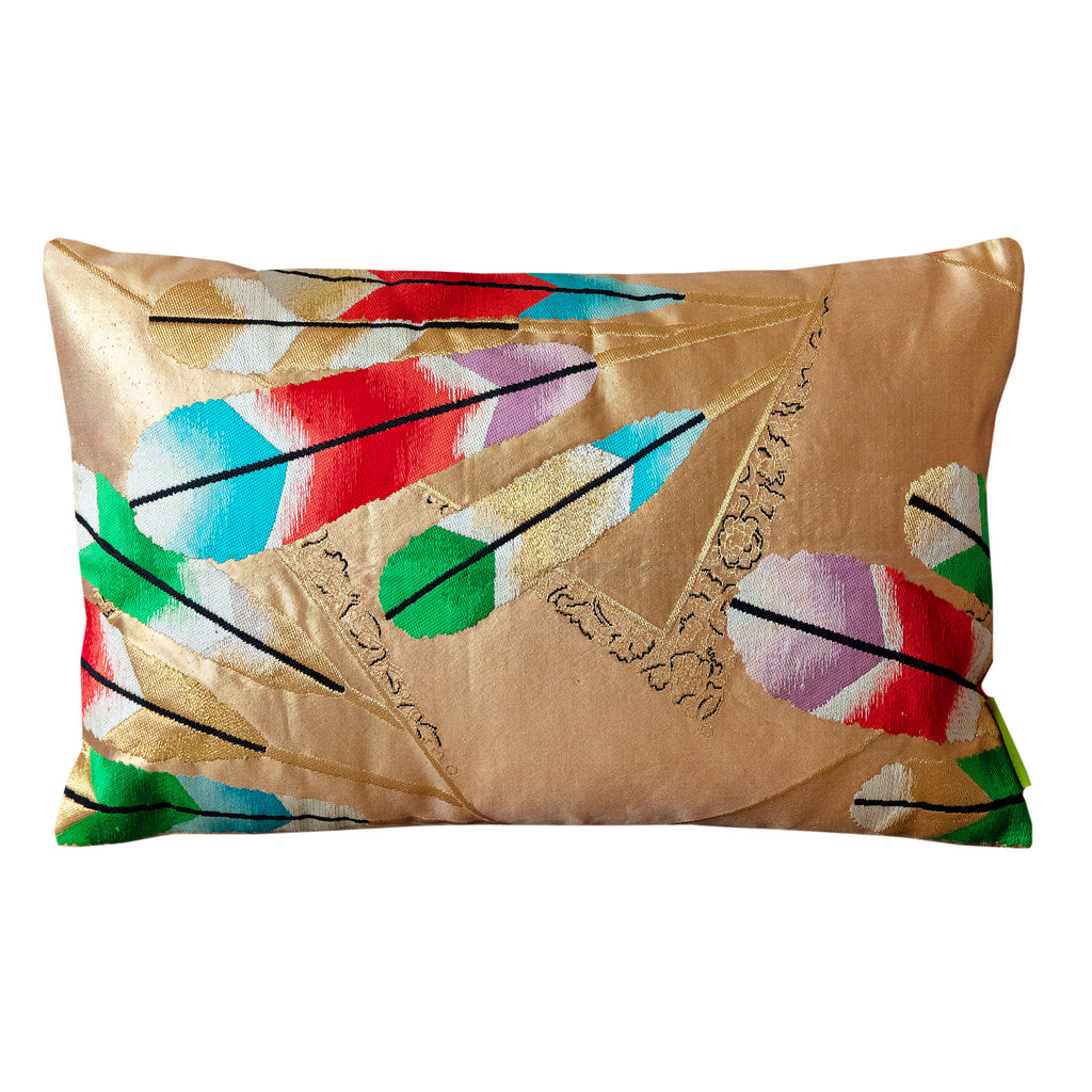 A luxury gold cushion made from upcycled vintage silk obi with colourful feathers design.