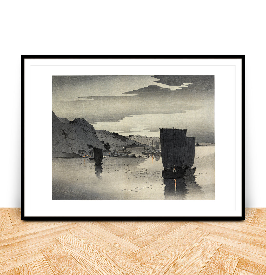 Japanese ukiyo-e print of ships at anchor by Ohara Koson, limited edition circa Meiji era, Hunted