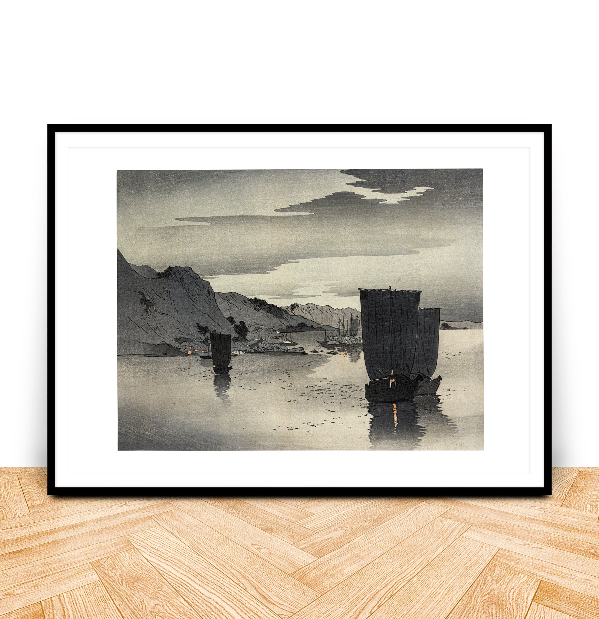 Japanese ukiyo-e print of ships at anchor by Ohara Koson, limited edition circa Meiji era, Hunted