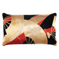 Vintage rectangular silk Japanese obi pillow with a design of gold and red bamboo and gold fans on a black background, reverse side in black silk.