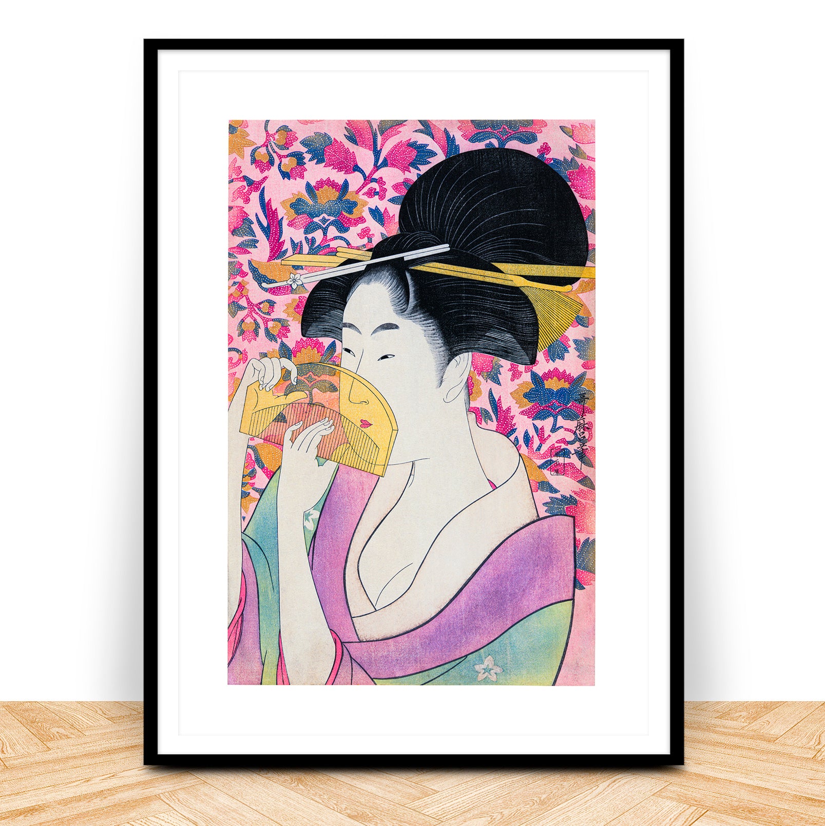 Kushi Kitagawa Utamaro print in ukiyo-e style, 19th-century Japanese woodblock, framed, edition number 5 of 50, vibrant