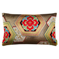 A gold accent pillow made from a vintage Japanese obi silk with fortune hexagons and red floral pattern.