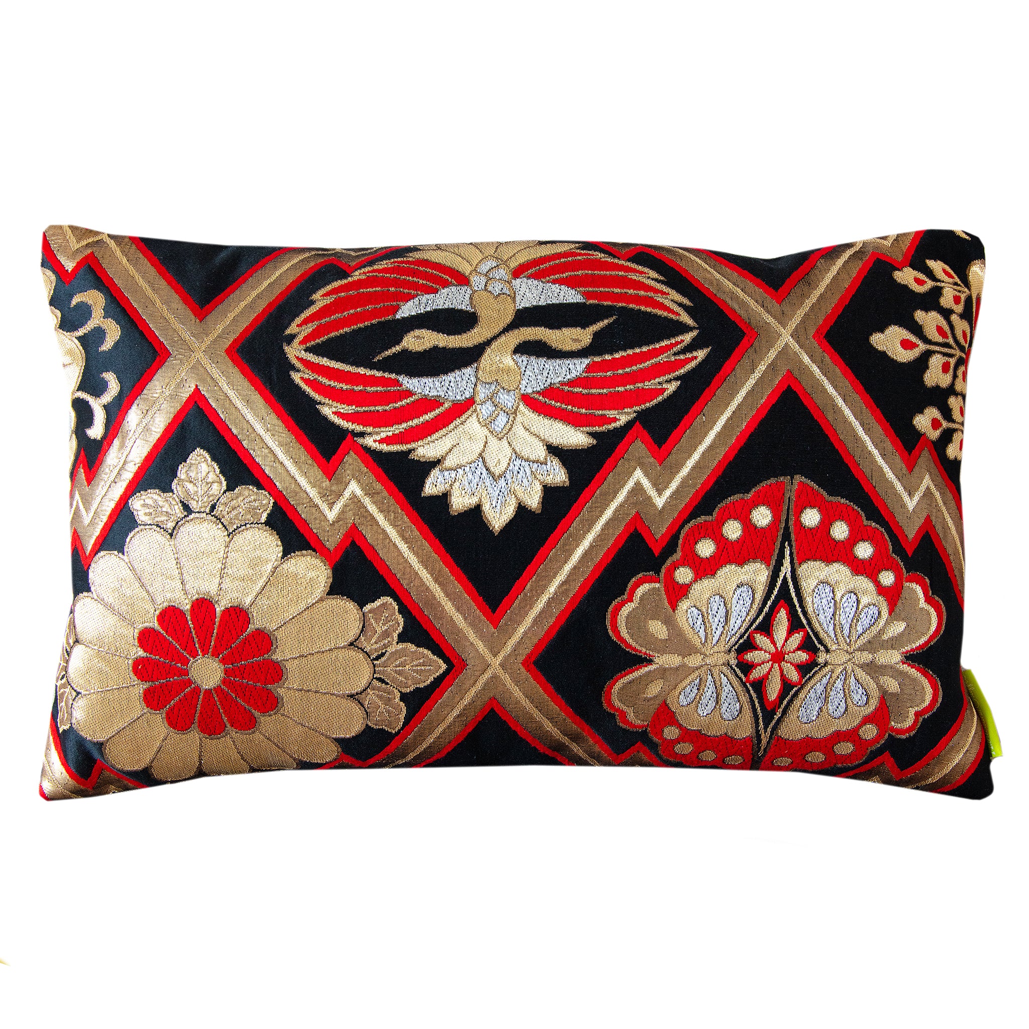 A vintage Japanese silk kimono cushion with black, gold, and red colors featuring geometric patterns and stylized floral and phoenix designs.