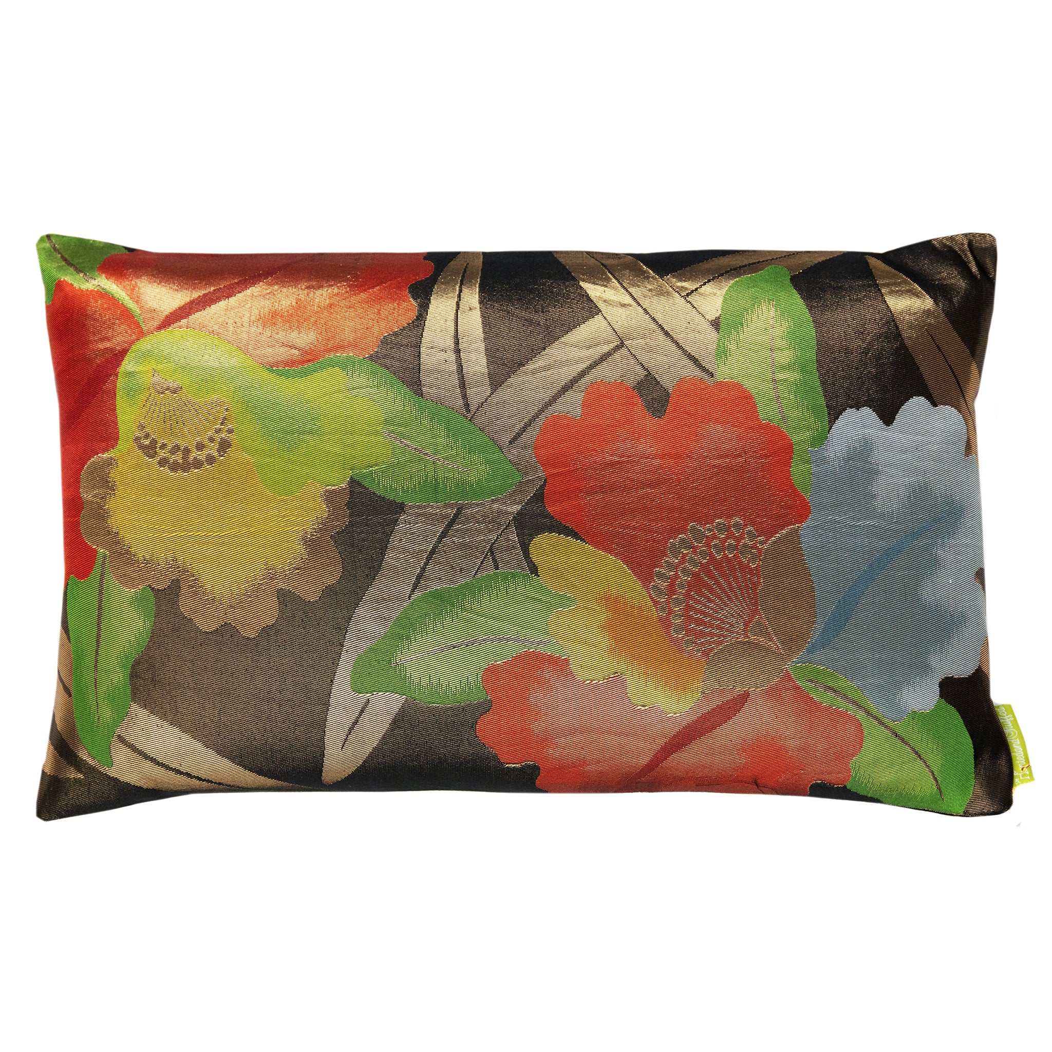 A rectangular throw pillow with a black, red, and yellow floral pattern on a silk base by Kimono Living.