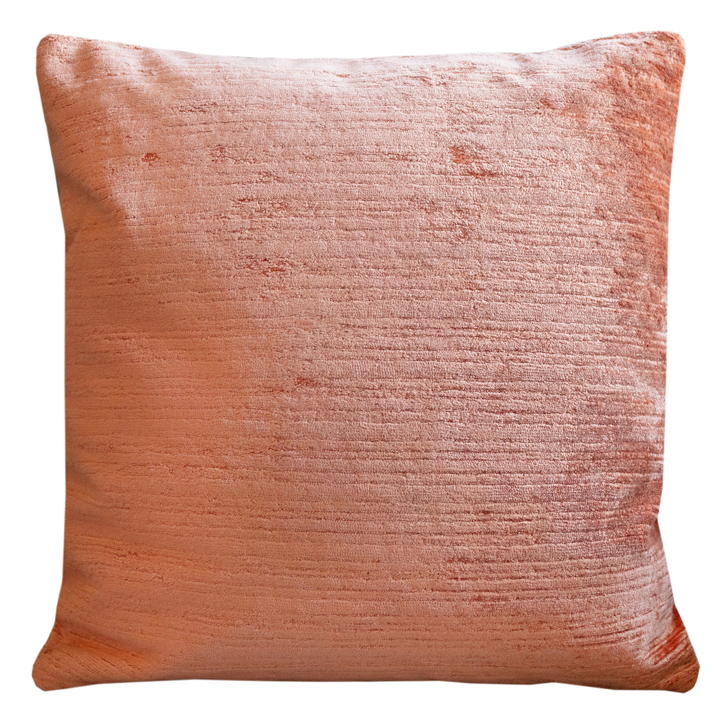 Close-up of peach velvet fabric with pines pattern on the 16-inch Black Obi Pillow, highlighting the textured surface and