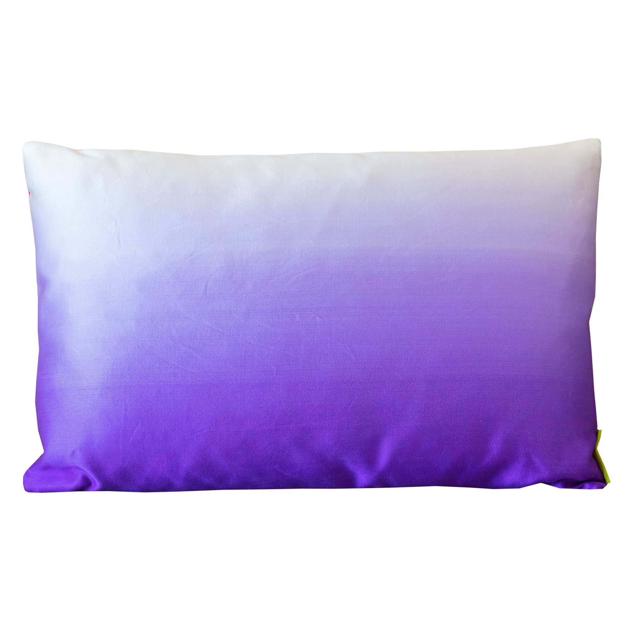 A rectangular cushion with an ombre design, transitioning from purple at the top to white at the bottom, made from vintage silk Japanese obi.