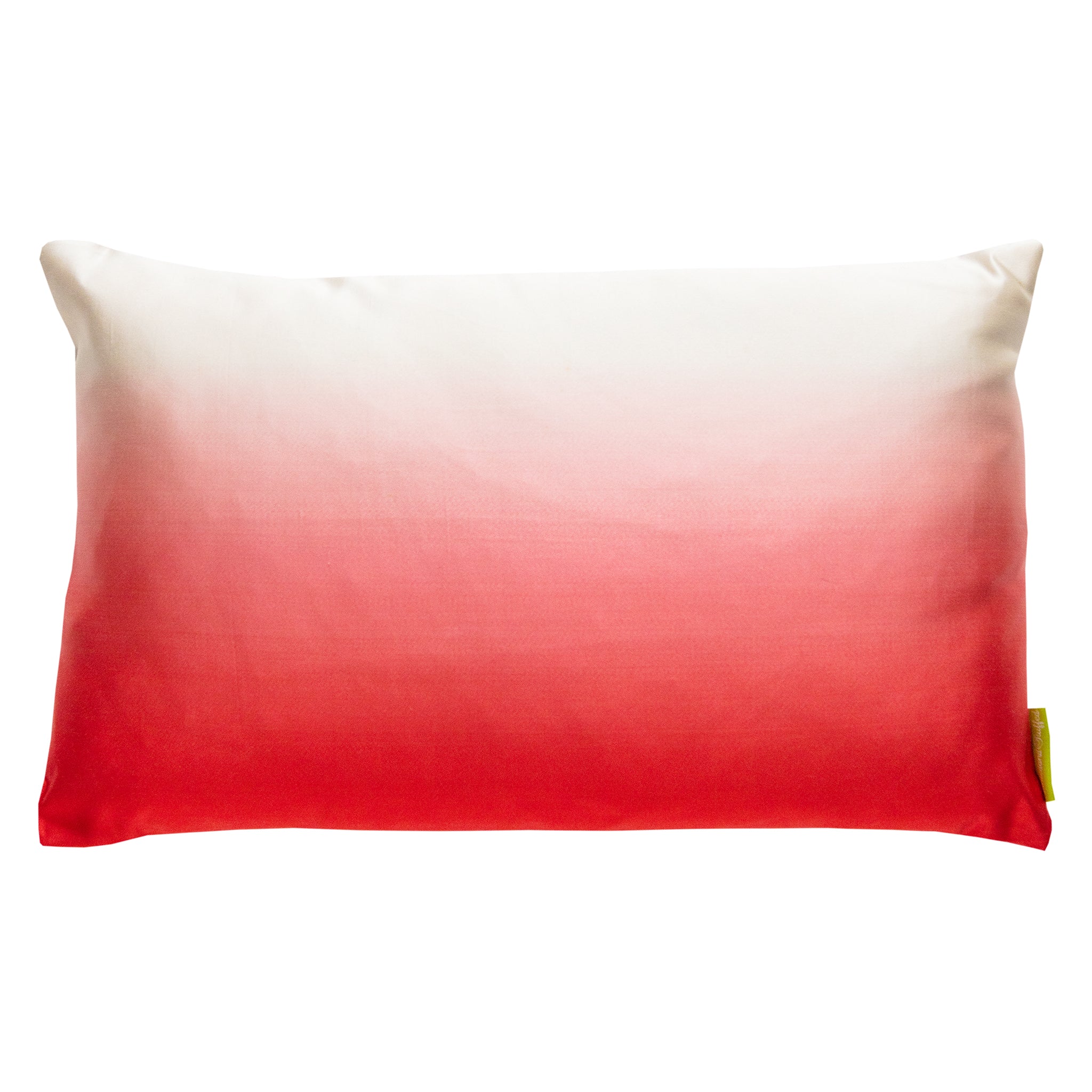 An antique silk kimono cushion with an ombre dip dye design transitioning from red/pink to cream, made from upcycled vintage Japanese Deco obi belt.