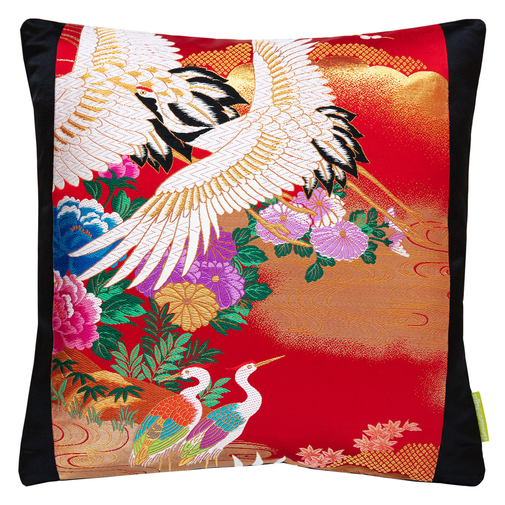 Hunted and Stuffed wedding Uchikake square cushion, red silk on black velvet, 16-inch, embroidered details, soft textured