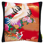 Hunted and Stuffed wedding Uchikake square cushion, red silk on black velvet, 16-inch, embroidered details, soft textured