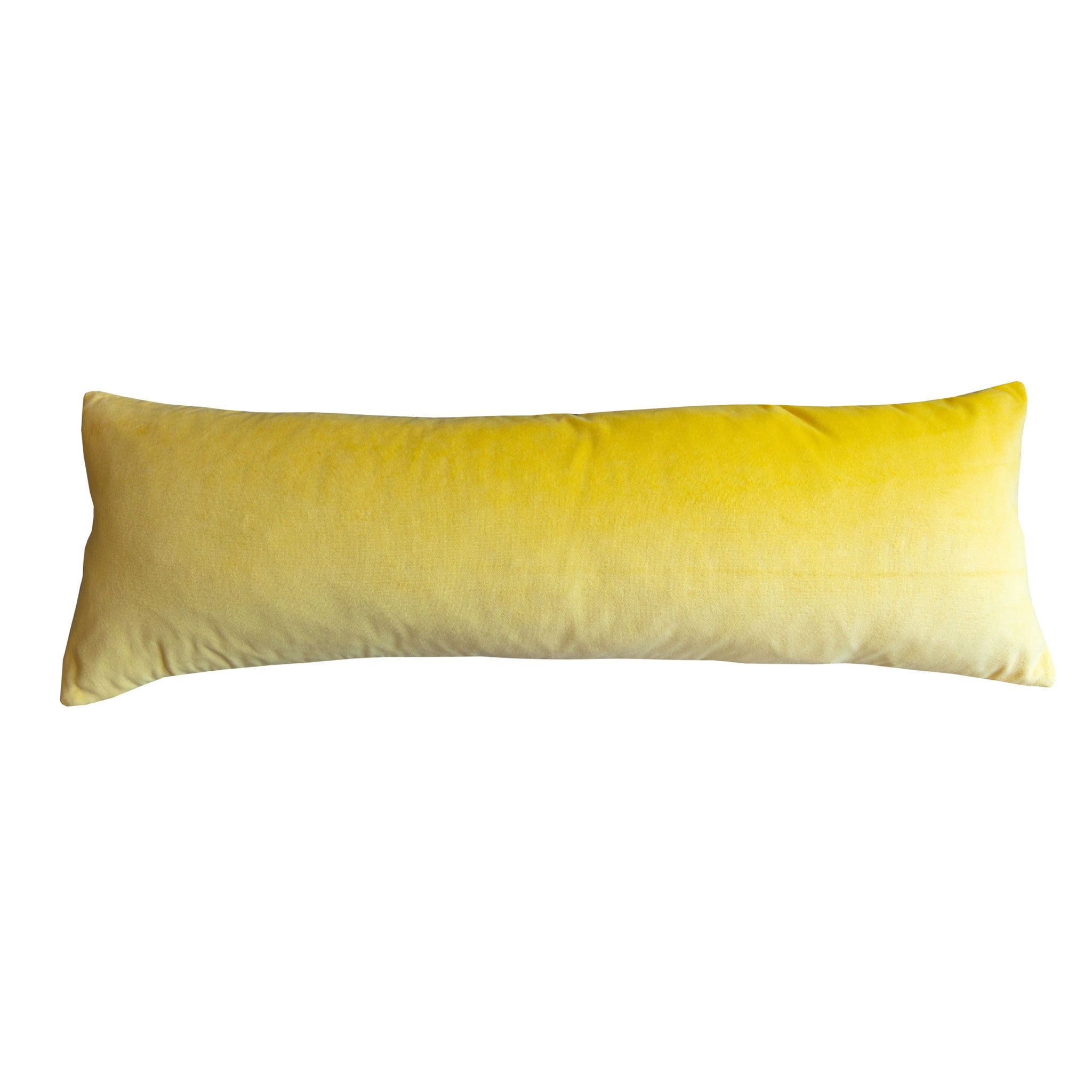 Reverse view of long silk bolster cushion in sunshine yellow velvet
